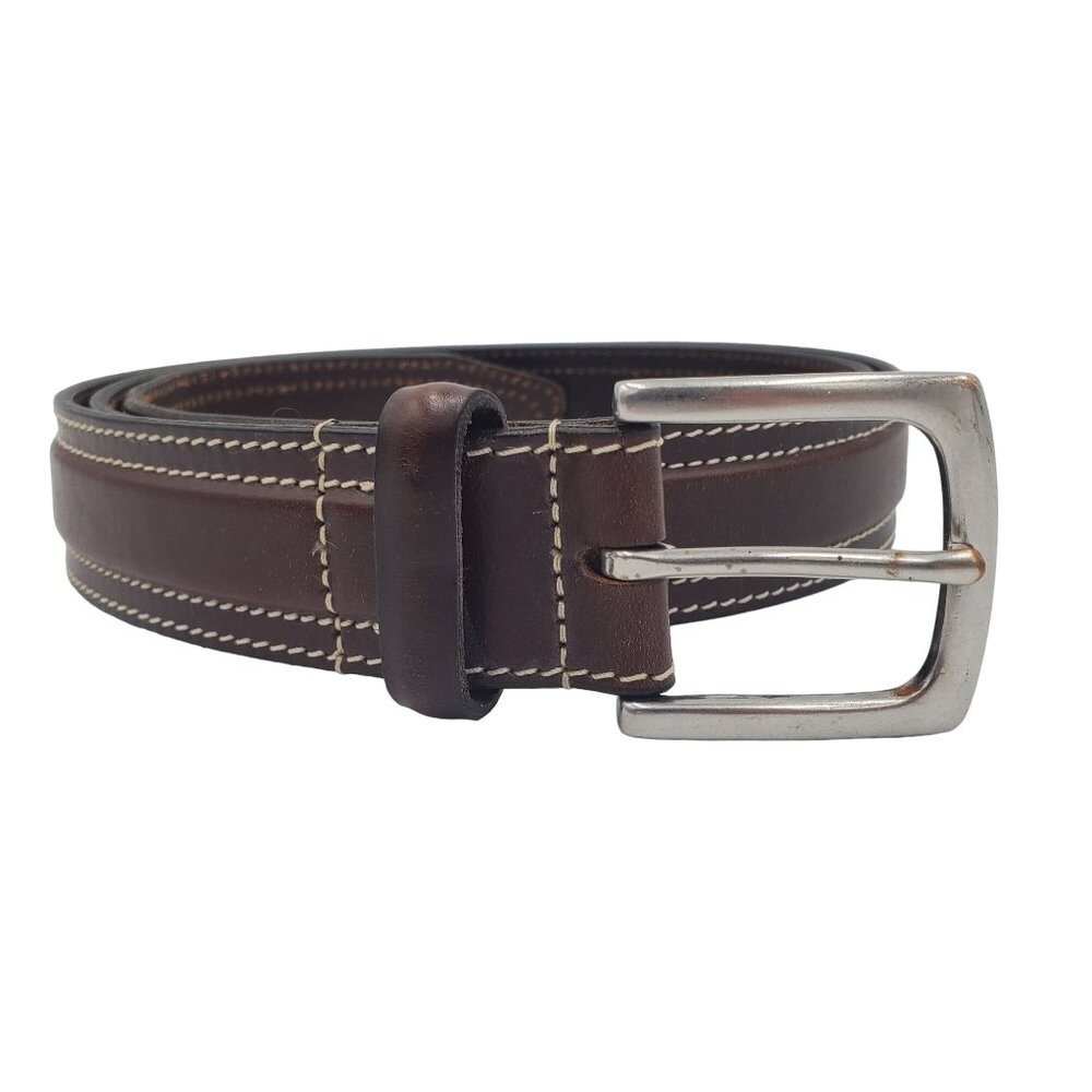 Eddie Bauer Men's Size 48 Brown Leather Stitched Belt England Designer - Picture 1 of 12
